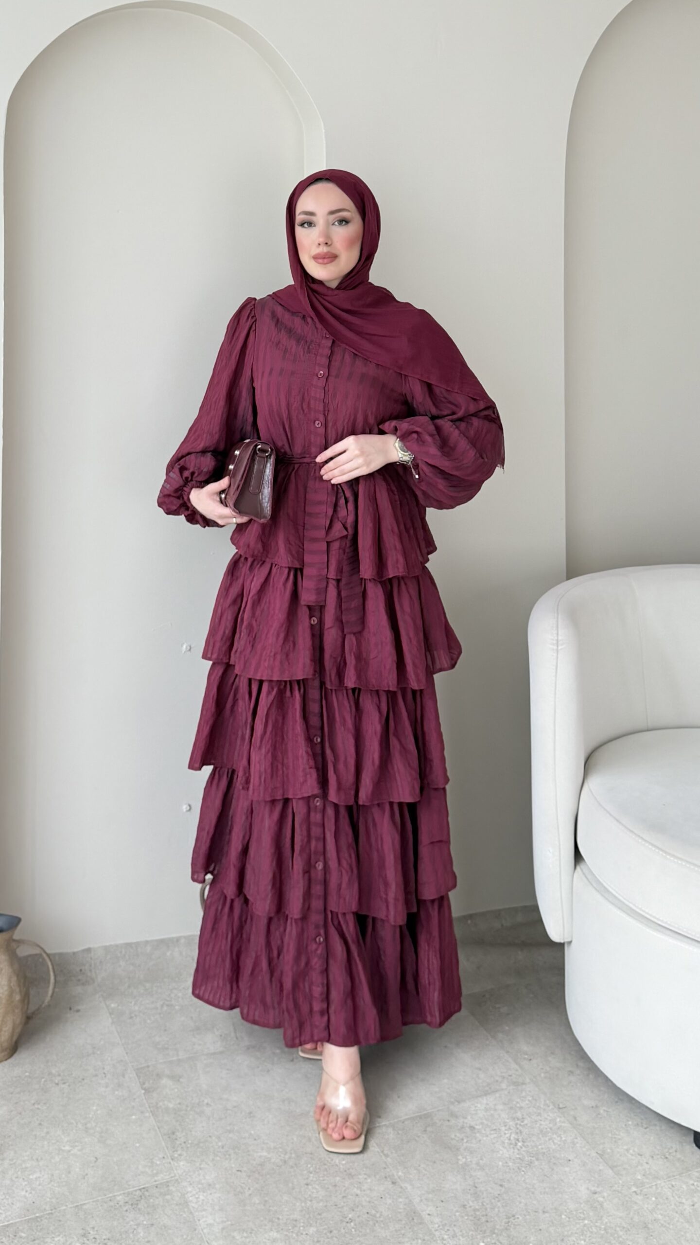 1781289161_0_6a2c50c95d6c3.jpeg Paren Kat Katlı Elbise-Bordo - Görsel 1